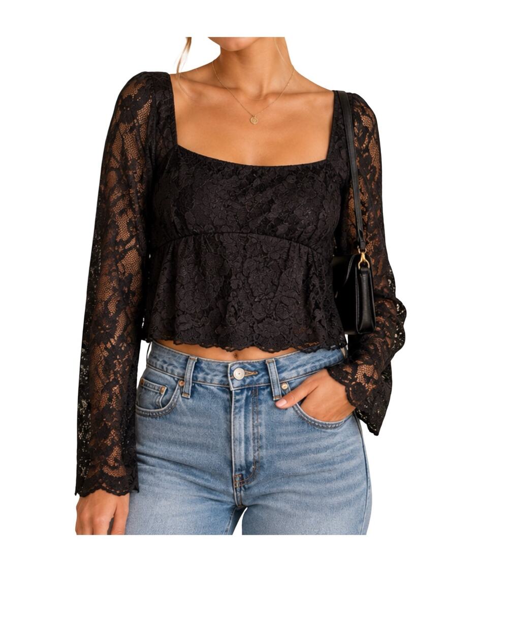 Kirious Top Womens Size XL Black Lace Crop Top Long Sleeve Pullover Feminine NWT